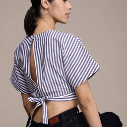 French Connection Striped Pure Cotton Styled Back Crop Top With Tie-ups Detail-image-83