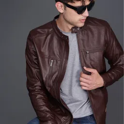 WROGN Men Burgundy Solid Biker Jacket-image-93