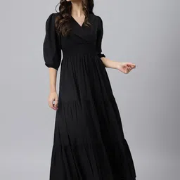 DEEBACO Women Black A-Line Tiered Maxi Dress-image-11