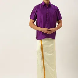 THANGAMAGAN Men Purple & Off White Shirt with Dhoti Pants-picture-2