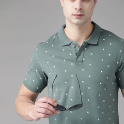 Roadster Men Green & White Printed Polo Collar Pure Cotton T-shirt-image-78