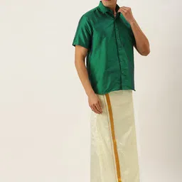 THANGAMAGAN Men Green & Off White Shirt with Dhoti Pants-18