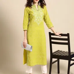 Sangria Women Lime Green Floral Embroidered Thread Work Pastels Kurta-55