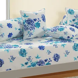 SWAYAM White and Blue Floral Print 160 TC Diwan Set with Bolster and Cushion Covers-48
