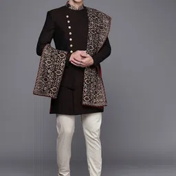 Manyavar Men Maroon Self-Design Sherwani Set-picture-56