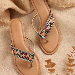 Anouk Women Embellished & Woven Design T-Strap Flats-49