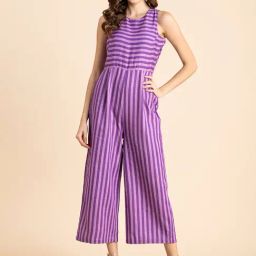Moomaya Purple Cotton Blend Striped Jumpsuit-picture-28