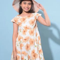 Crimsoune Club Kids Peach & White Floral Print A-Line Dress-image-31