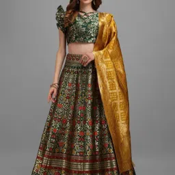PURVAJA Green Floral Print Stitched Lehenga & Unstitched Blouse With Dupatta-image-15