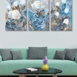 999Store Blue & White Textured Rose Art 3 Frame Canvas Paintings-44