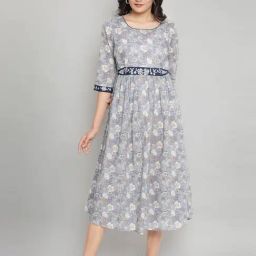 Aurelia Grey & Purple Cotton Printed A-Line Dress With Belt-image-107