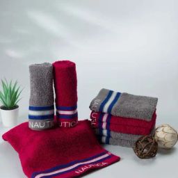 Nautica Vintage Crew Stripe Burgundy & Grey Cotton 500 GSM Zero Twist Face Towel - Set of 8-12