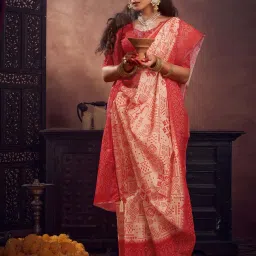Satrani Cream & Red Cotton Silk Printed Saree With Unstitched Blouse image 5