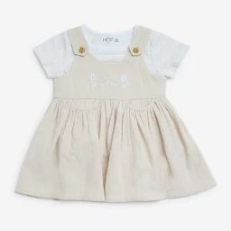HOP Baby by Westside Beige Floral Cotton Pinafore with Top Set-image-3
