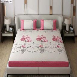 Monte Carlo Essence Beige & Magenta Polyester 130 TC King Bedsheet with 2 Pillow Covers-image-22
