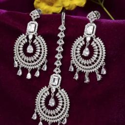 Zeneme Rhodium Plated Silver Toned Round AD Studded Maang Tikka & Earrings Set-picture-5