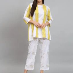 Newd White & Yellow Cotton Blend Striped Co-Ord Set-image-64