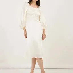 Styli Off White Plain A-Line Dress-image-5