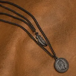 The Bro Code Black Leaf and Vintage Coin layered Pendant Necklace for Men-picture-38