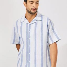 Styli Sky Blue & White Relaxed Fit Striped Cotton Shirt-picture-13