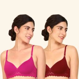 AROUSY Pink & Maroon Cotton Self Pattern T-Shirt Bra - Pack Of 2-image-98