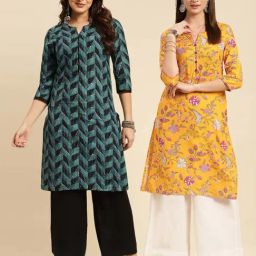Rangita Yellow & Blue Geometric Print Straight Kurti - Pack of 2-image-44