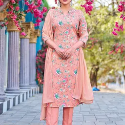 VIBE VISION Floral Printed Mandarin Collar Straight Kurta With Trousers & Dupatta-picture-36
