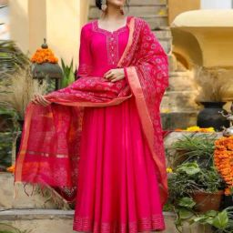 Gillori Pink Rani Flared Kurta with Pant and Dupatta-image-27