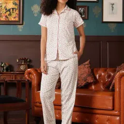 Clovia White & Pink Cotton Regular Fit Floral Print Night Suit-picture-37