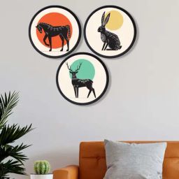 999Store Multicolor Mdf Horse Deer Rabbit Round Wall Art - Set of 3-image-3