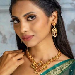 Priyaasi Peacock Red & Green Necklace and Earring Set-image-38