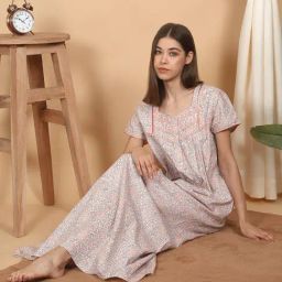 Sweet Dreams Peach Cotton Regular Fit Geometric Print Night Dress-picture-10