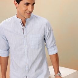 Mast & Harbour Solid Cotton Linen Mandarin Collar Shirt-image-26