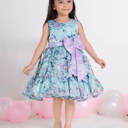 Ministitch Girls Sea Green Regular Fit Floral Print Party Dress-image-72