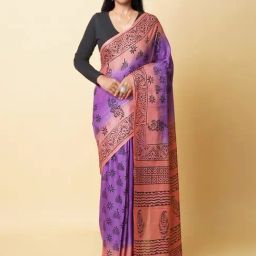 Unnati Silks Purple & Brown Cotton Printed Saree With Unstitched Blouse-picture-47