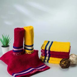 Nautica Vintage Crew Stripe Burgundy & Yellow Cotton 500 GSM Zero Twist Face Towel - Set of 8-10