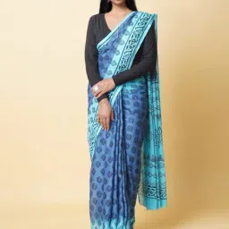 Unnati Silks Blue Cotton Printed Saree With Unstitched Blouse-image-62