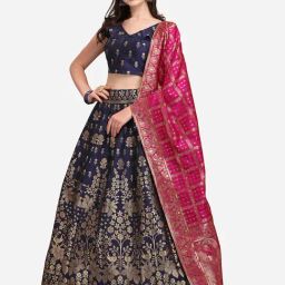 PURVAJA Navy Floral Print Stitched Lehenga & Unstitched Blouse With Dupatta-image-27