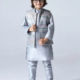 Tahvo Boys Grey Regular Fit Embroidered Nehru Jacket-image-31