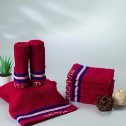Nautica Vintage Crew Stripe Burgundy Cotton 500 GSM Super Soft Zero Twist Face Towel - Set of 8-15