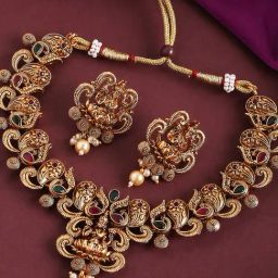 OOMPH Antique Gold Tone Red & Green Stone Laxmi Design Necklace Set with Drop Earrings-image-39