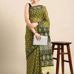 SHANVIKA Mehandi Green Cotton Printed Saree With Unstitched Blouse-picture-4
