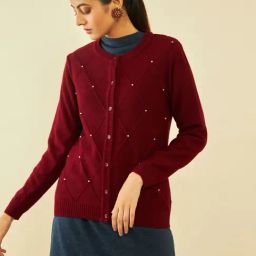 Soch Maroon Acrylic Pearl Embellished Diamond Pattern Knitted Cardigan-image-44
