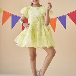 KidsDew Star Print Flutter Sleeve Net Fit & Flare Dress image 1