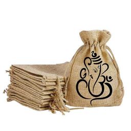 Handmakers Women Brown Jute gift potli pouch with ganesh print (set of 15) image 1