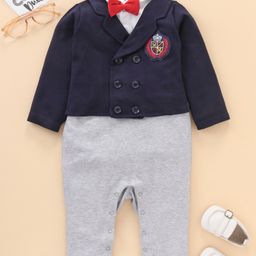 Mark & Mia Cotton Full Sleeves Solid Party Romper with Bow & Badge Detailing - Blue & Grey-image-43
