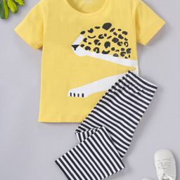 Funkrafts Half Sleeves Cheetah Printed Tee With Striped Pajama Set - Yellow-image-63