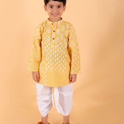 MoMaa Pure Cotton  Full Sleeves Jaipuri Ethnic Motif Printed Kurta With Coordinating Dhoti Set - Yellow-image-26