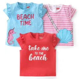 Babyhug Cotton Knit Half Sleeves T-Shirts with Frill & Sea Theme Graphics Pack of 3 - Multicolour-picture-23