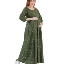 Lovely Mom's Three Fourth Sleeves Star Printed & Frill Detailed  A Line Long Dress With Concealed Zipper Nursing Access - Green-45